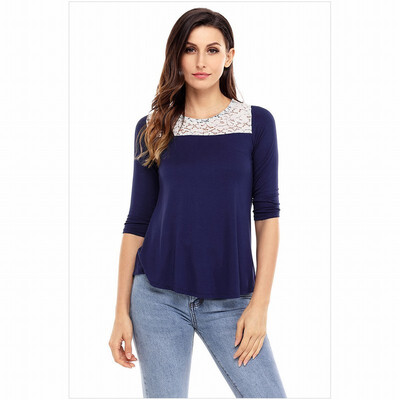 

Multicolor round neck cropped sleeves back hollow neck button lace stitching top