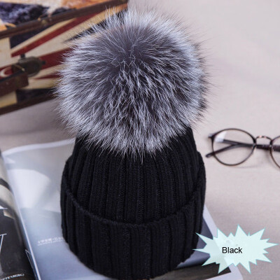 

Newest Large Ball Womens Hat Winter Warm Fox 15cm Fur Pom Knit Berets Ski Casual Pop Cap Bobble