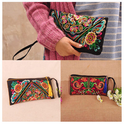 

New Fashion Women Clutch Bag Embroidery Contrast Wrist Strap Elegant Mobile Phone Bag