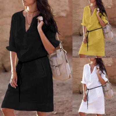 

Women Casual Plain Short Sleeve Midi Dress Loose Cotton Long Top Shirt Dress Black White Yellow