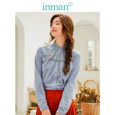

INMAN 2018 winter new style literary cute embroidered suede fit long-sleeved shirt shirt female 18840VP11404 shallow blue
