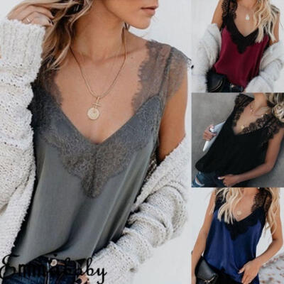 

Women Deep V Neck Lace Sexy Vest Summer Sleeveless Tank Tops Beach Singlet AU
