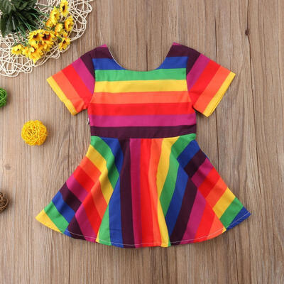 

Kids Baby Girls Short Sleeve Dress Rainbow Printed Bowknot Dress Set