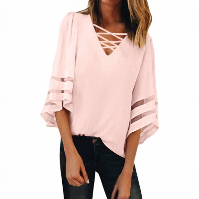 

Solid color loose shirt Womens cross V-neck bell-shaped seven-point sleeve shirt
