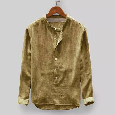 

Mens Linen Long Sleeve Shirt Summer Cool Loose Casual V-Neck Shirts Tops -3XL