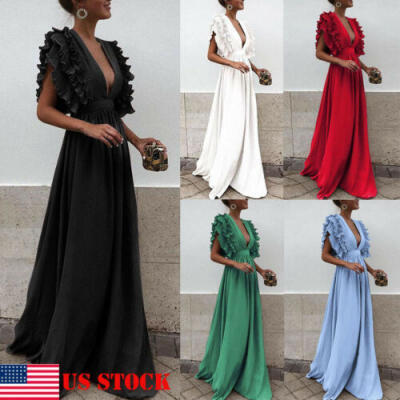 

Womens Summer Boho Floral Short Sleeve Long Maxi Dress Party Beach Sundress US