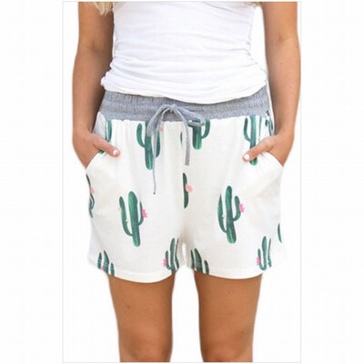 

Printed pattern elastic belt casual shorts