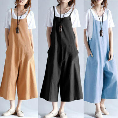 

Womens Casual Loose Linen Pants Cotton Jumpsuit Strap Harem Trousers Overalls