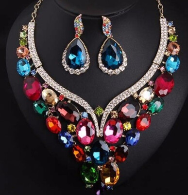 

new nice luxury fashion exaggerated crystal flashing diamond necklace earrings set dress party bride female accessories