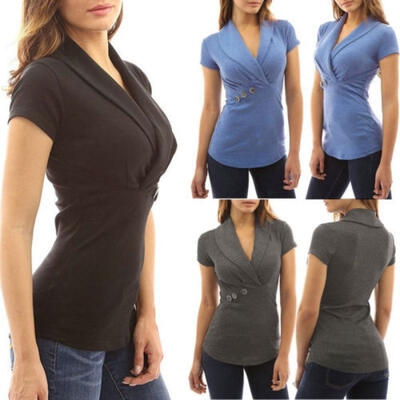 

New Fashion Women Short Sleeve V Neck T-Shirt Low-Cut Button Slim Blouse Stretch Henley Tops