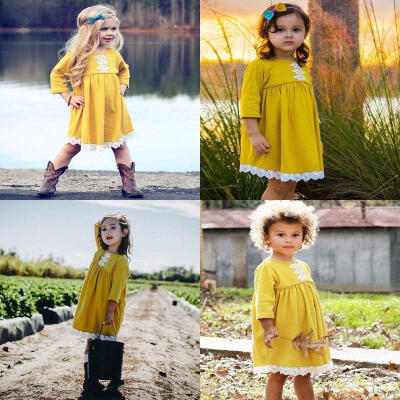 

Cute Kid Baby Girls Long Sleeve Party Short Dress Summer Clothes as yellow color