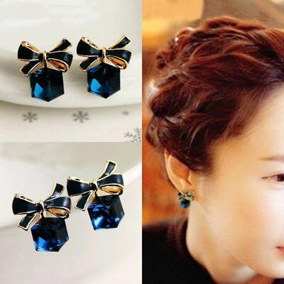 

1 Pair Fashion Korea Women Bowknot Shiny Cube 3D Crystal Pearl Ear Stud Earrings