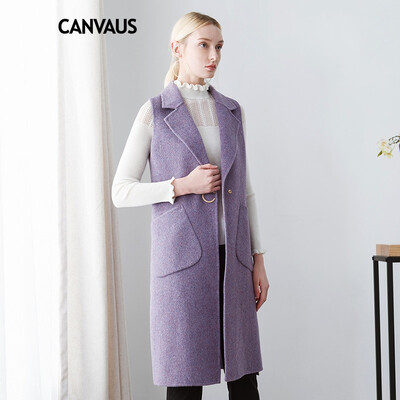 

CANVAUS 2018 New Autumn Winter Women Woolen Vest Purple Wool Slim Pockets Single Button V-neck Sleeveless Long Coat CF8074D