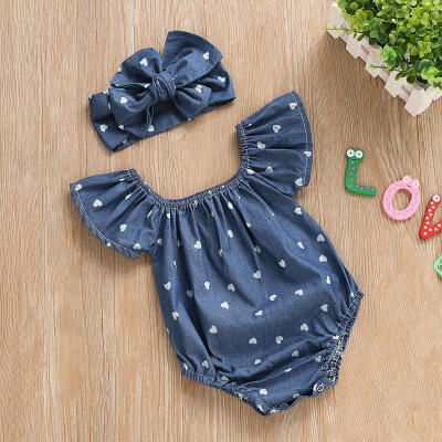 

Newborn Baby Girls Denim Blue Cotton 2pcs Outfits Romper Bodysuit Clothes Set