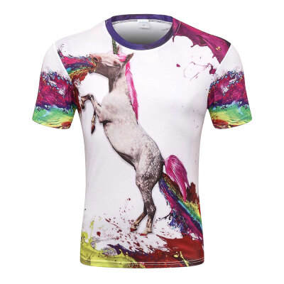 

Men\s Summer Short Sleeve Digital Print 3D White Horse T-Shirt