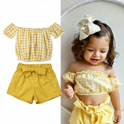 

US Infant Baby Girl Kid Off Shoulder Linen Plaid Tops Shorts Sunsuit Clothes Set