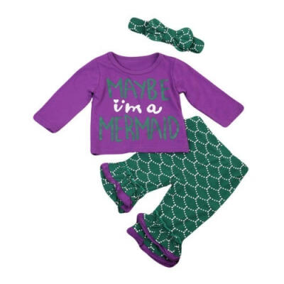 

3PC Headhand Newborn Toddler Kids Baby Girls Clothes Long Sleeve Letter Top T-shirtMermaid Pants Leggings Outfits Set