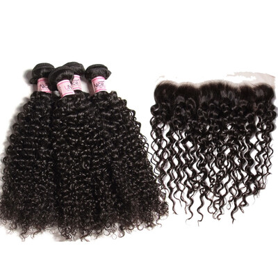 

UNice 8A Brazilian Culry Virgin Human Hair 3 Bundles with Lace Frontal 134