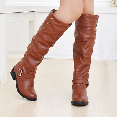 

Rose Women Ladies Retro Low-heeled Shoes Buckle Add Cotton Long Tube Knight Boots