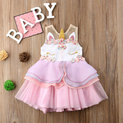 

Flowers Kids Girls Unicorn Chiffon Bridesmaid Party Formal Sleeveless Dress