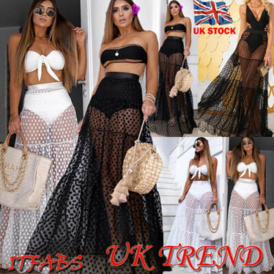 

Women Boho Maxi Sheer Skirt Retro Long Dress Club Party Summer Beach Sundress UK