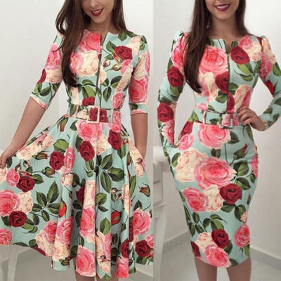 

Fashion Floral Print Women Belt Mini Dress Bardot Bodycon Skater Ladies Cocktail