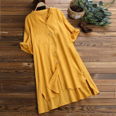 

Starmoon Women Plus Size Loose Linen Swing Vintage Pocket Solid Split Tops Shirt Blouse