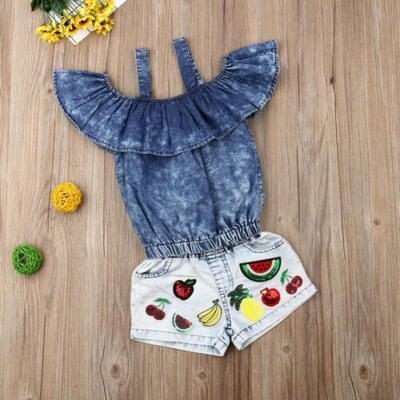 

Lovely Kids Baby Girls 3D Fruit Denim Off Shoulder Tops Pants Shorts Outfits Set