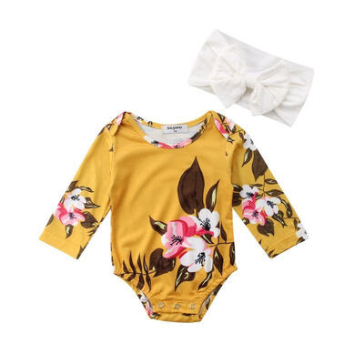 

Fashion Newborn Baby Girl Long Sleeve Floral RomperHeadband 2Pcs Cotton Outfit