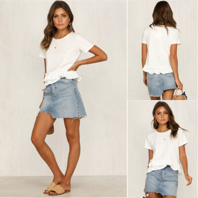 

Nomeni Summer Women Pure Round Collar T-shirts Irregular Fold Tops