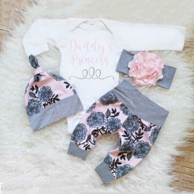 

Hot Sale Newborn Baby Girl Long Sleeve Tops Romper Pants Hat Outfits Clothes Set