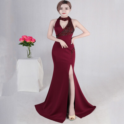 

New Sexy Halter Diamond Hollow Mermaid Dress Black Elegant Sleeveless Long Slim Party Dinner Evening Dress