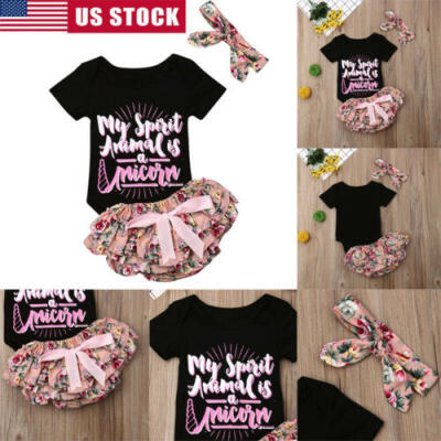 

US STOCK Baby Kid Girl Romper Tops & Ruffles Pants & Headband Outfit Clothes Set