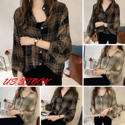 

US Womens Long Sleeve Button Plaid T Shirts Ladies Baggy Loose Blouse Tops -4XL