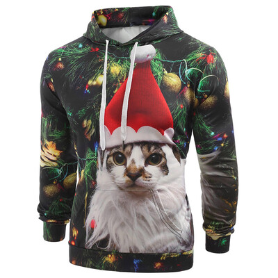 

Cat with Christmas Hat Baubles Printed Casual Hoodie