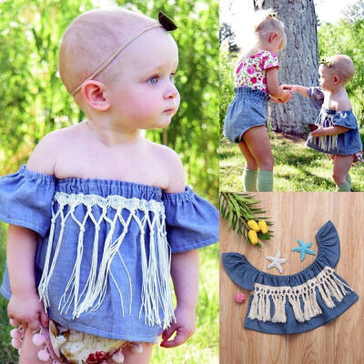 

Infant Toddler Baby Girl Romper Denim Off Shoulder Bodysuit Summer Sunsuit 0-24M