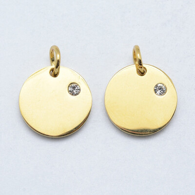 

316 Stainless Steel Pendants with Cubic Zirconia Flat Round Clear Real Gold Plated 12x2mm Hole 3mm