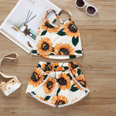 

Toddler Kids Baby Girl Clothes Sunflower Sleeveless Vest Tops Shorts Outfits Set