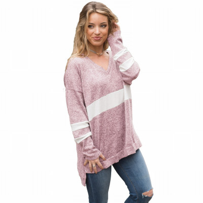 

Gray V-neck long-sleeved striped stitching loose casual sports sweatshirt womens