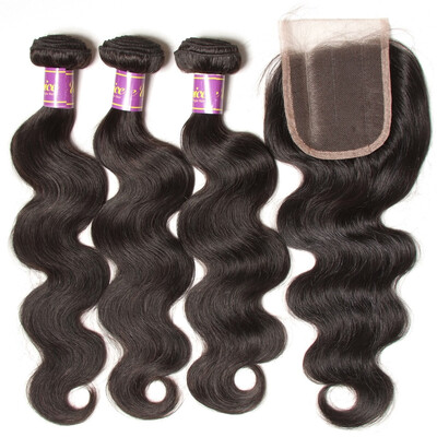 

UNice indian Virgin Hair Body Wave 100 Human Hair Bundles with Closure