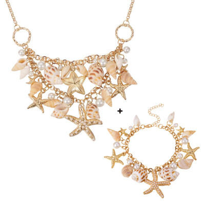 

PH PANDAHALL Trendy Shell Charm Bracelets & Bib Necklaces Sets CCB Acrylic Alloy Rhinestone Starfish