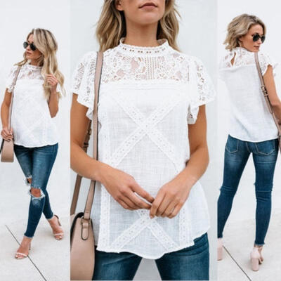 

Fashion Women Sexy Summer Loose Casual Crew Neck Lace T Shirt Tops Blouse HOT