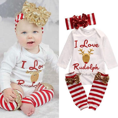 

Cute Christmas Infant Baby Girl Deer Romper tops Leg Warmers Headband 3pcs Outfits Set Clothes