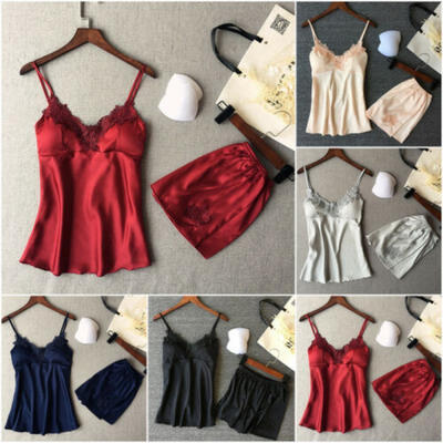 

2PCS Lingerie Women Satin Silk Sleepwear Babydoll Nightwear Pajamas Pyjamas Set