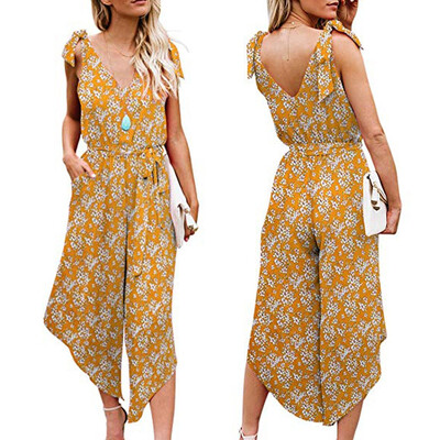 

Starmoon Womens Sleeveless Printed Shoulder Bandage Waistband V-Neck Jumpsuit with Belt