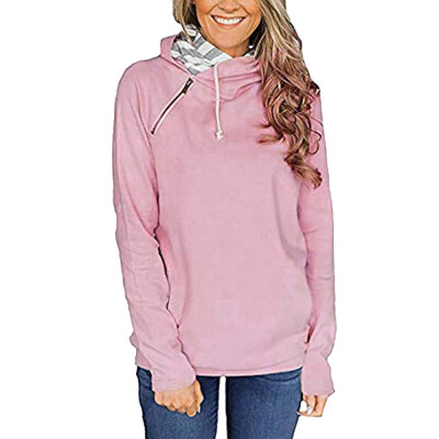 

Starmoon Women Oblique Zipper Drawstring Pure Color Hooded Caps Sweatshirt Pullover Tops