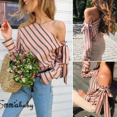 

Women Ladies Striped Off the Shoulder Short Sleeve Crop Tops Casual Shirt Blouse