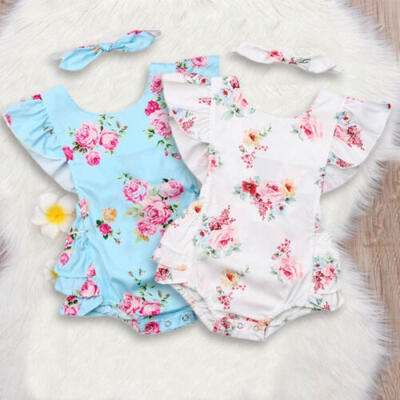

US Newborn Baby Girl Summer Floral Ruffle RomperJumpsuit Headband Outfit Clothes