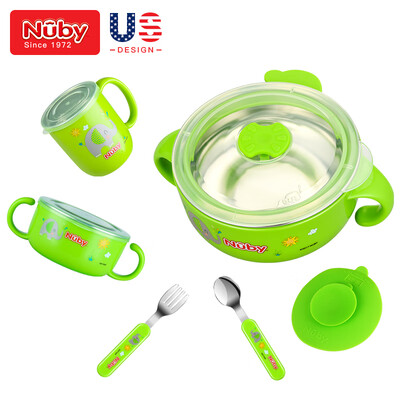 

Nuby childrens cutlery set baby food bowl baby anti-scalding stainless steel water cup water insulation suction cup bowl fork spoon set green