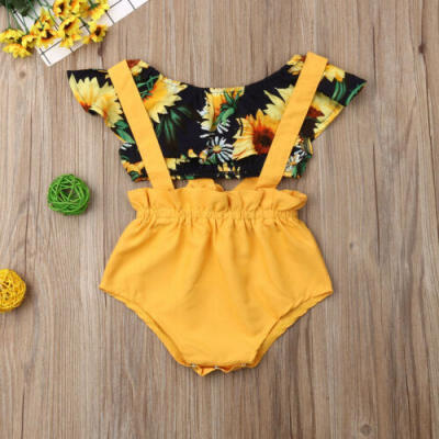 

2PCS Newborn Baby Girl Sunflower Crop Tops Bib Pants Shorts Overalls Outfit Sets